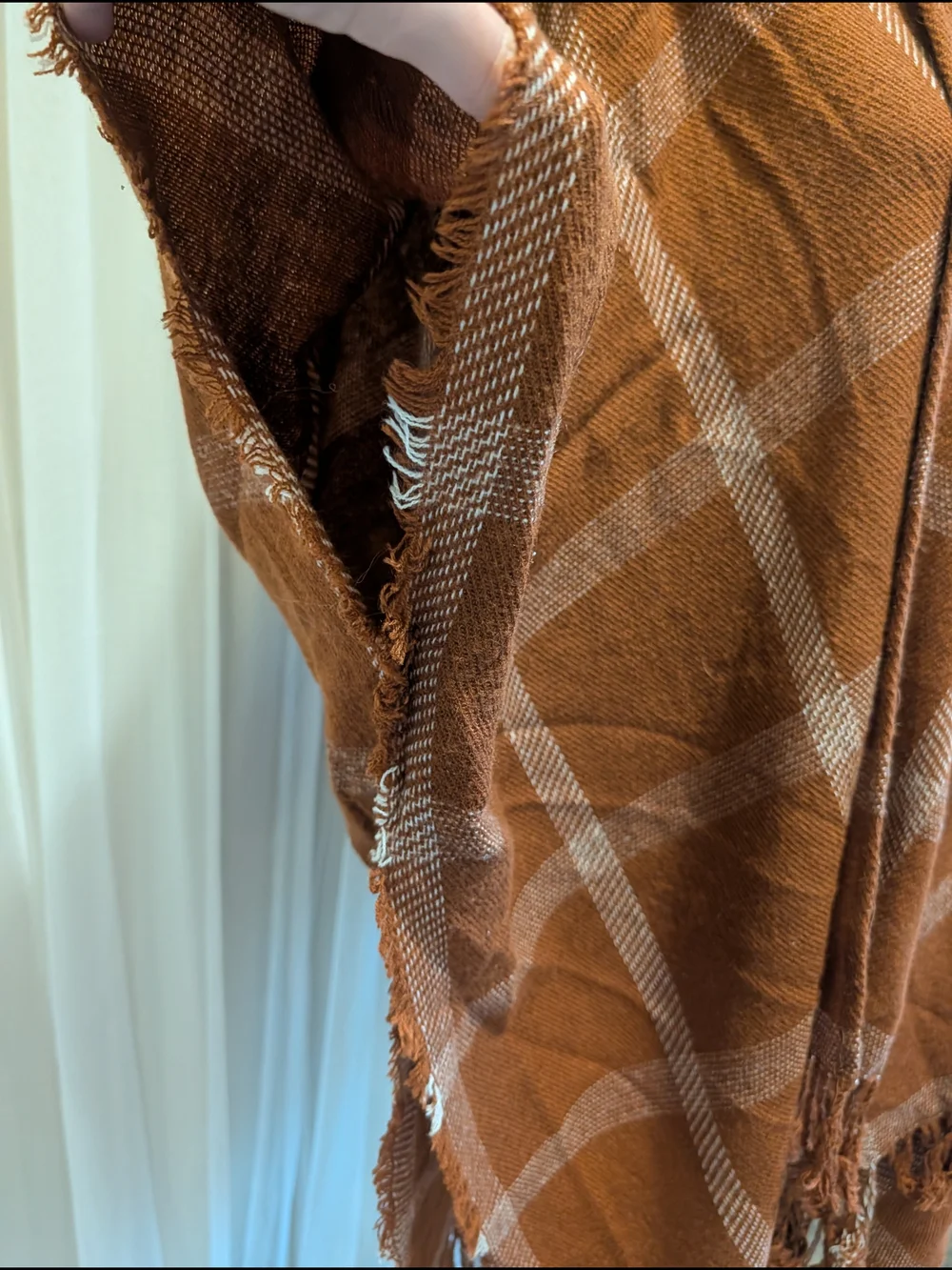 Rust Plaid Fringe Open-Front Poncho